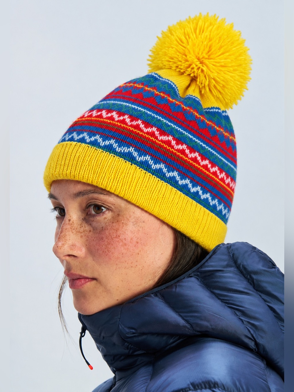 Vintage Beanie Pom Pom Knit Winter Hat Colorful Yellow Adult One Size
